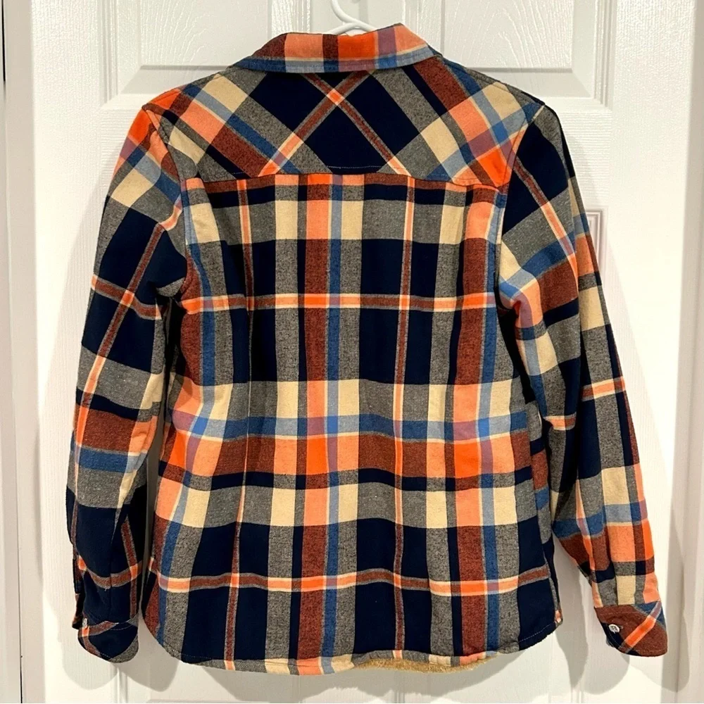 Boys Plaid Flannel Fleece Jacket Sz XXL Button Up Warm Collar Blue Tan Orange